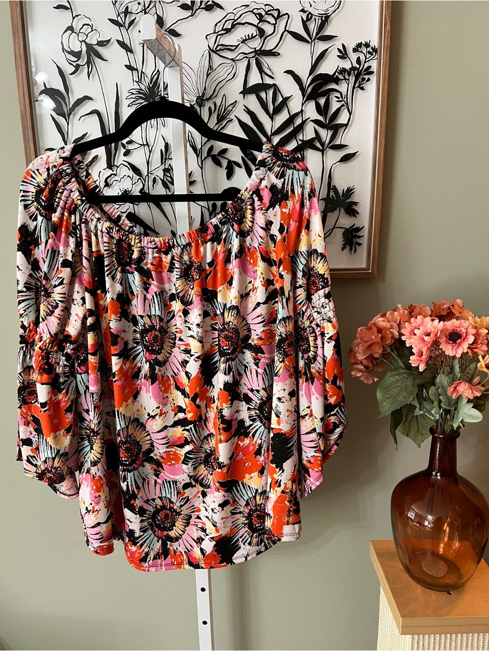 Relativity Vibrant Multicolor Floral Off The Shoulder Bell Sleeve Blouse Size 2X